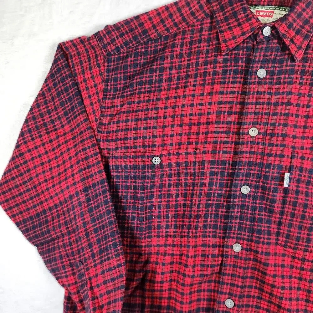 Levis Plaid Flannel Long Sleeve Button‎ Up Shirt Red Blue Size Medium Cotton